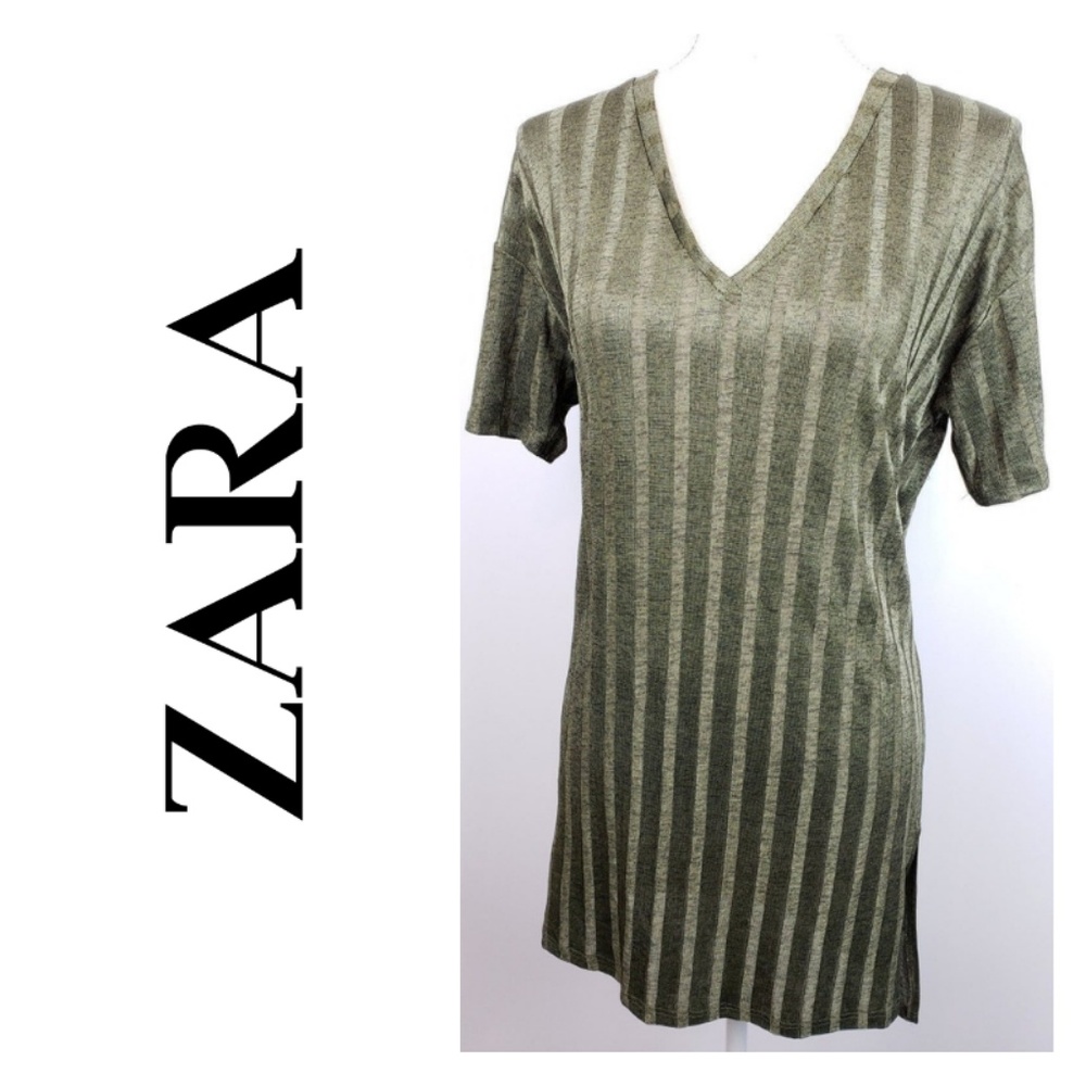Zara Dress Green See Through Striped Loose Fit - Picture 1 of 5